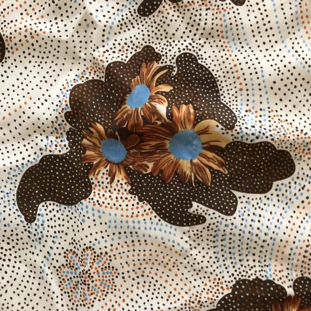 Vintage Brown & Blue Floral Polyester Scarf Flowers Polka Dots Square 21.5in